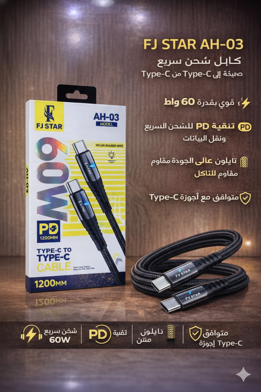 كابل شحن سريع (موديل ah 03) قوة 60 واط كابل شحن سريع (موديل ah 03) قوة 60 واط